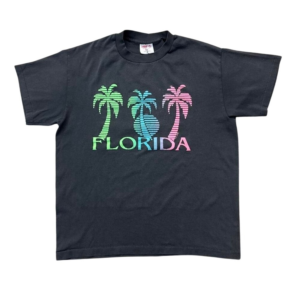 Vintage Multicolor Florida Palm Tree T-Shirt Faded Black Single Stitch Tee L